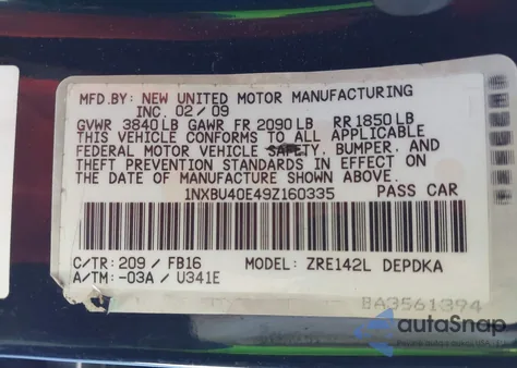 2009 Toyota Corolla Le z USA, uszkodzony, nr VIN 1NXBU40E49Z160335